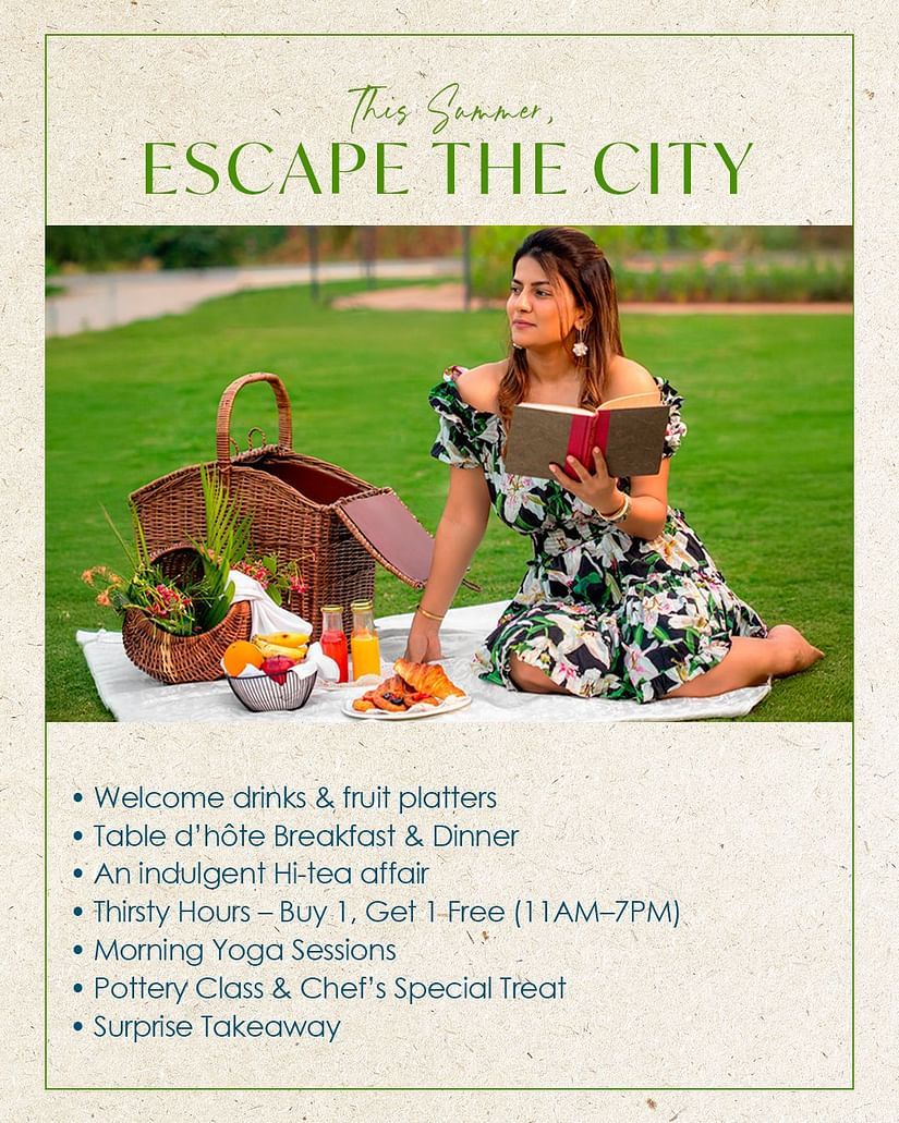 A girl reading a book in a picnic setup on the lawn, with details of the summer package inclusions displayed