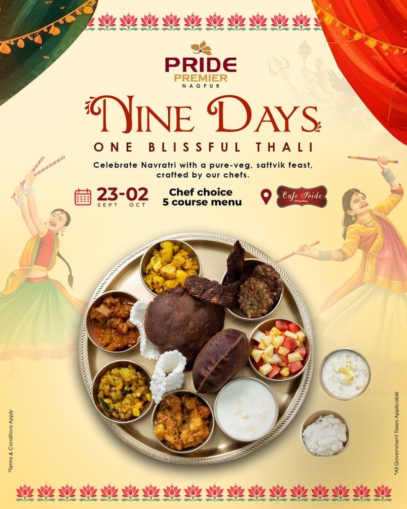A poster of Nine Days festival thali at Pride Hotels, featuring a traditional Indian thali meal with multiple small bowls of vegetarian dishes, decorative backgrounds with dancers, and event details including dates and chef special mentions.