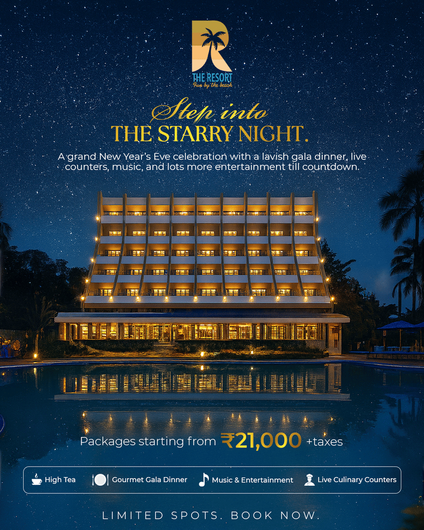 New Year's Eve Banner for The Resort Mumbai featuring its facade and inclusions, all starting from Rs. 21,000