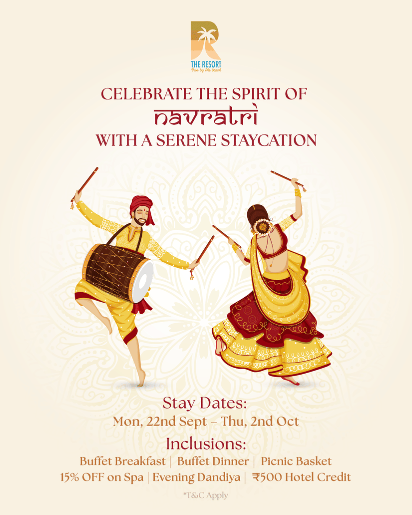 A promotional poster for a Navratri staycation. It shows a man and a woman in traditional attire, dancing. The offer includes meals, spa discounts, and more.