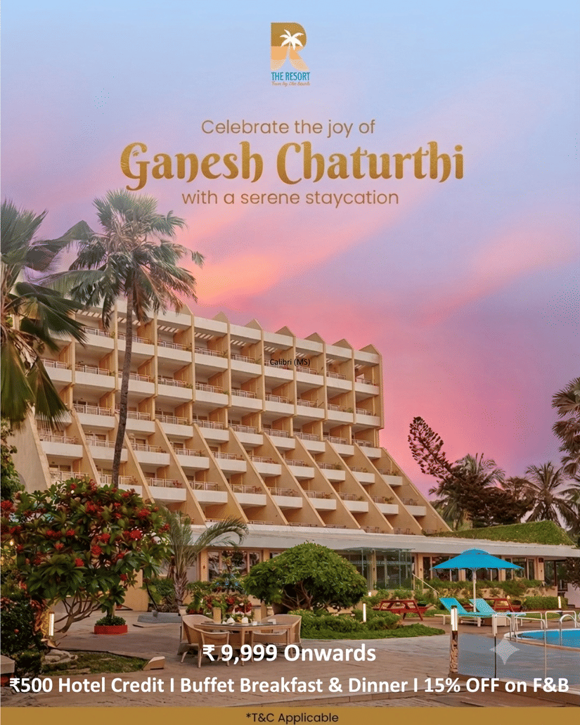 An creative features the distinctive tiered, sloped architecture of The Resort building rising up against a twilight sky.