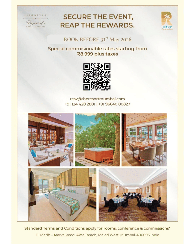 Promotional banner for The Resort Mumbai showcasing event venues, luxury rooms, dining spaces, and special commissionable event rates starting from Inr 8,999 plus taxes.