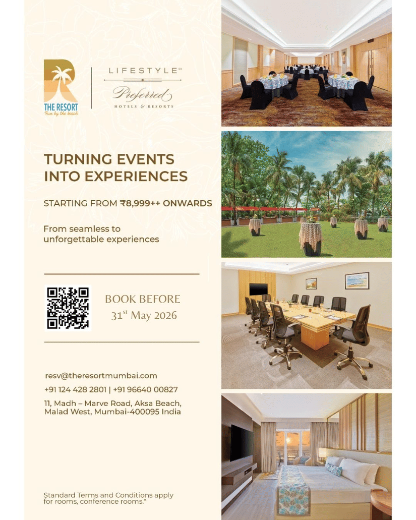 Promotional banner for The Resort Mumbai featuring event spaces, meeting rooms, outdoor venues, and rooms with an offer starting from INR 8,999 onwards.