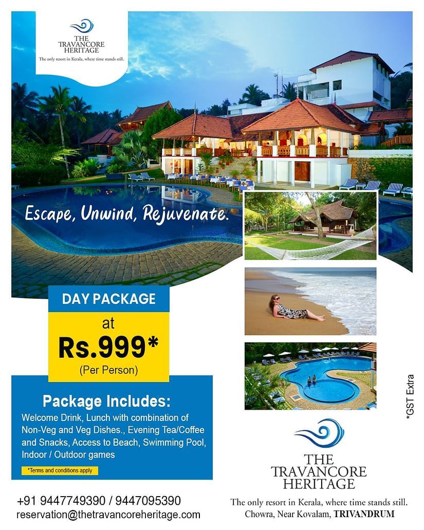 Day Package at The Travancore Heritage Beach Resort at Rs. 999* per person with extra GST featuring a facade of the property along with the recreational area, a woman chilling at the shore and swimming pool