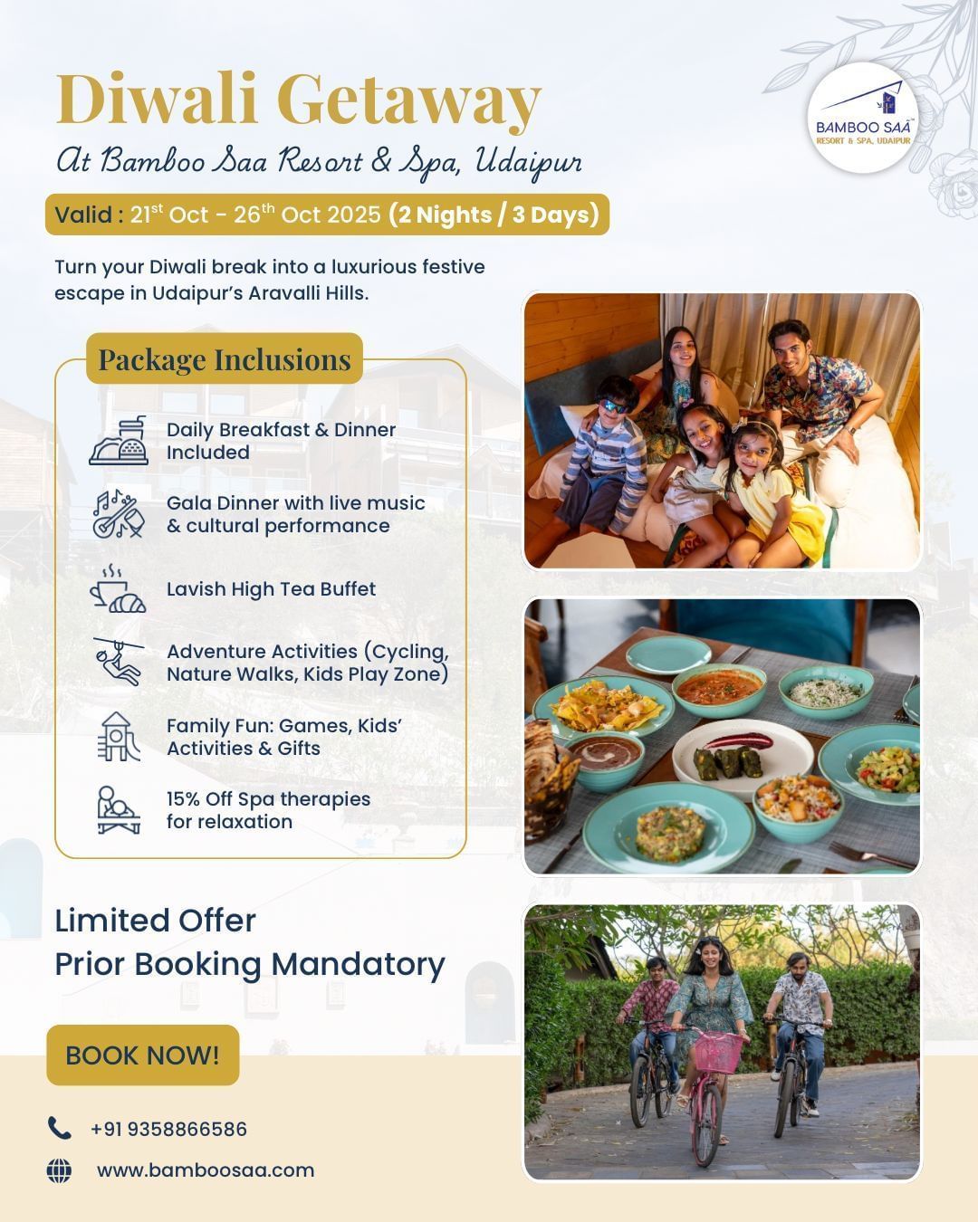 Diwali Getaway offer poster at Bamboo Saa Resort & Spa, Udaipur, featuring package inclusions such as breakfast, spa discounts, cultural evening, and adventure activities, along with images of family celebrations, festive dining, and outdoor experiences.