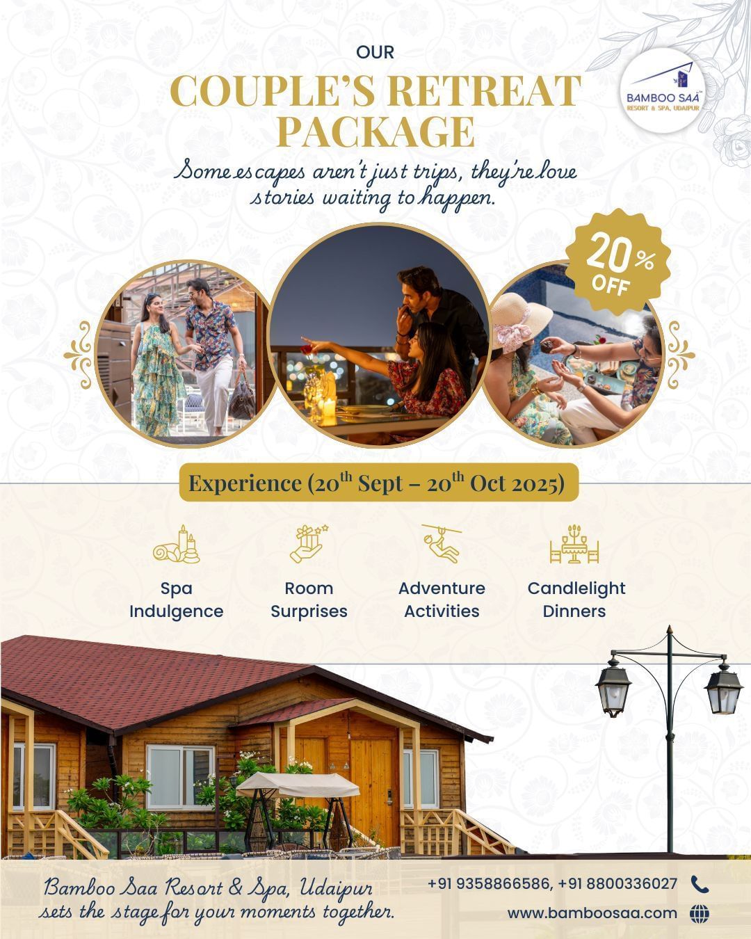 Couple’s Retreat at Bamboo Saa Resort & Spa, Udaipur – 20% off. Includes spa indulgence, room surprises, adventure activities & candlelight dinners.