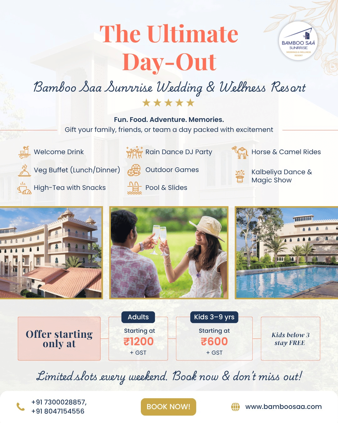 Bamboo Saa Sunrrise Wedding & Wellness Resort invites you for a day outing. The package includes veg buffet, outdoor games, camel rides, and much more, starting from 1,200 rupees per adult.