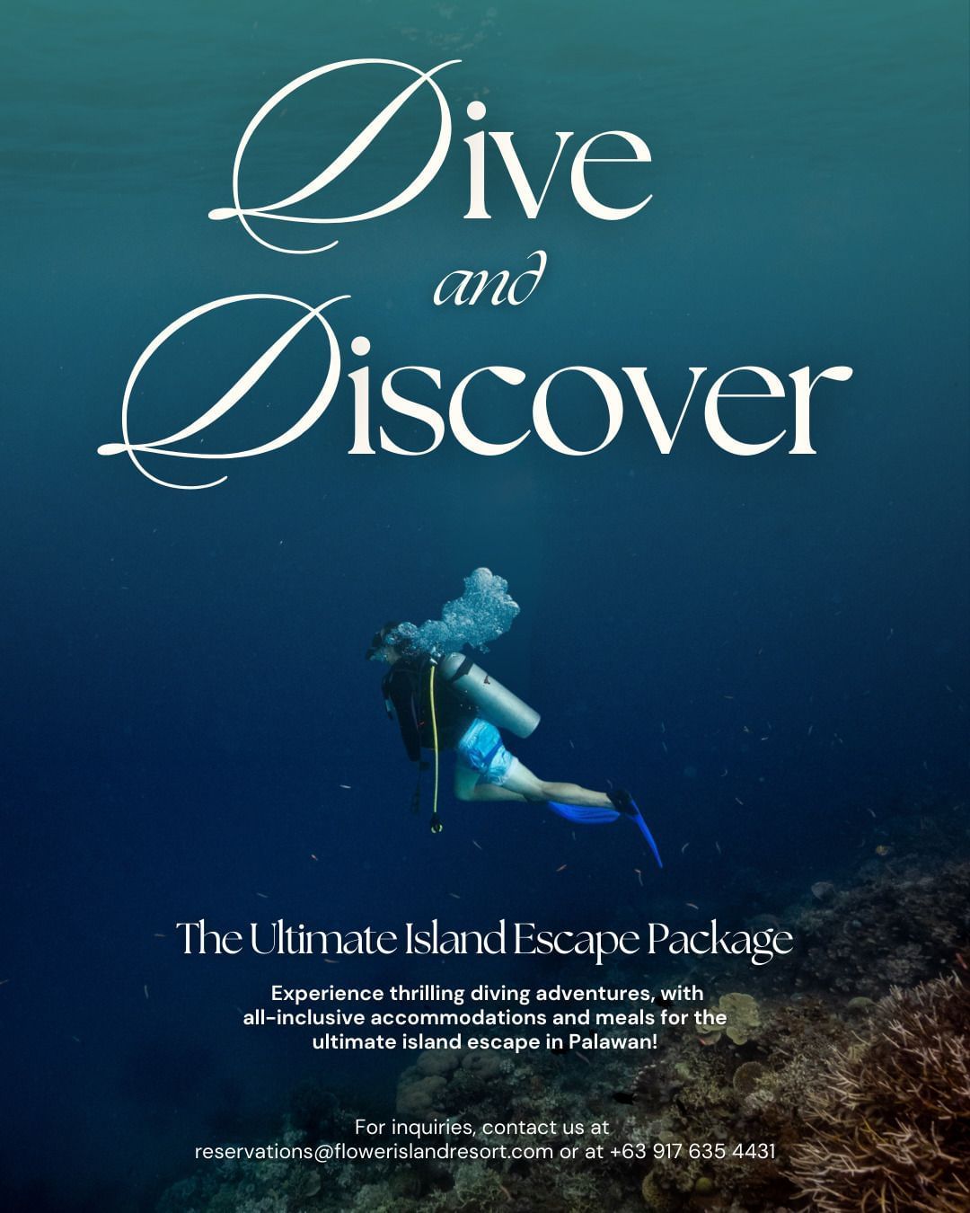 Promotional image for the Dive and Discover package at Flower Island Resort, featuring a diver in the ocean.