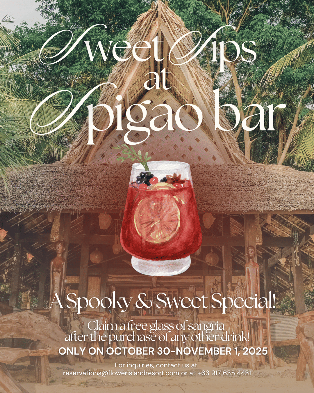 Promotional banner with a glass of drink at Flower Island Resort.