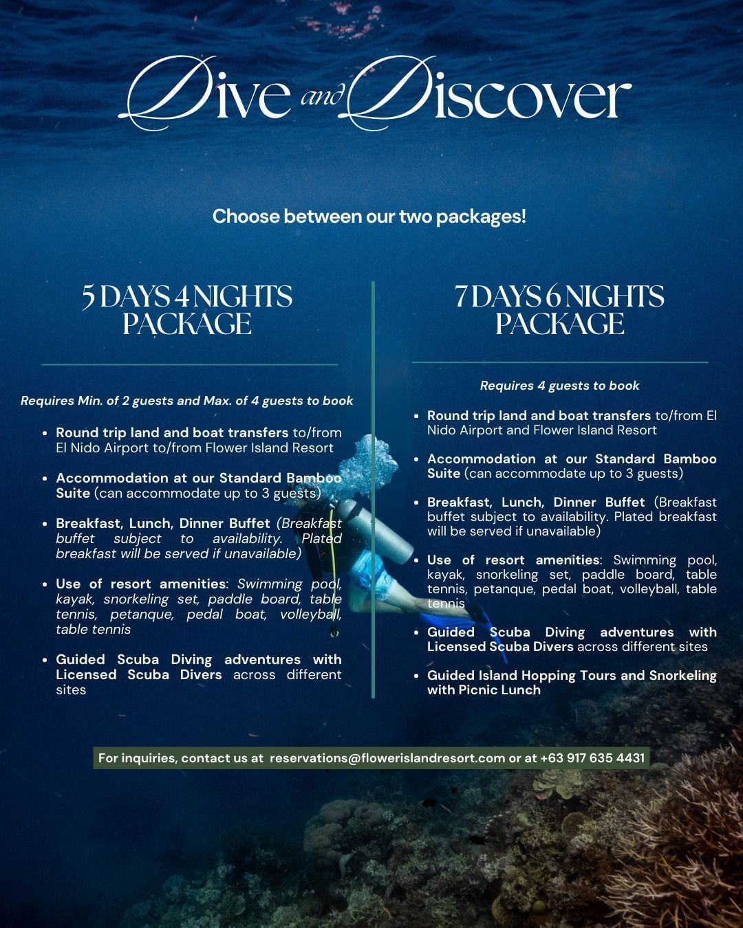 Details for the Dive and Discover 5-day and 7-day packages at Flower Island Resort, outlining accommodations and activities.