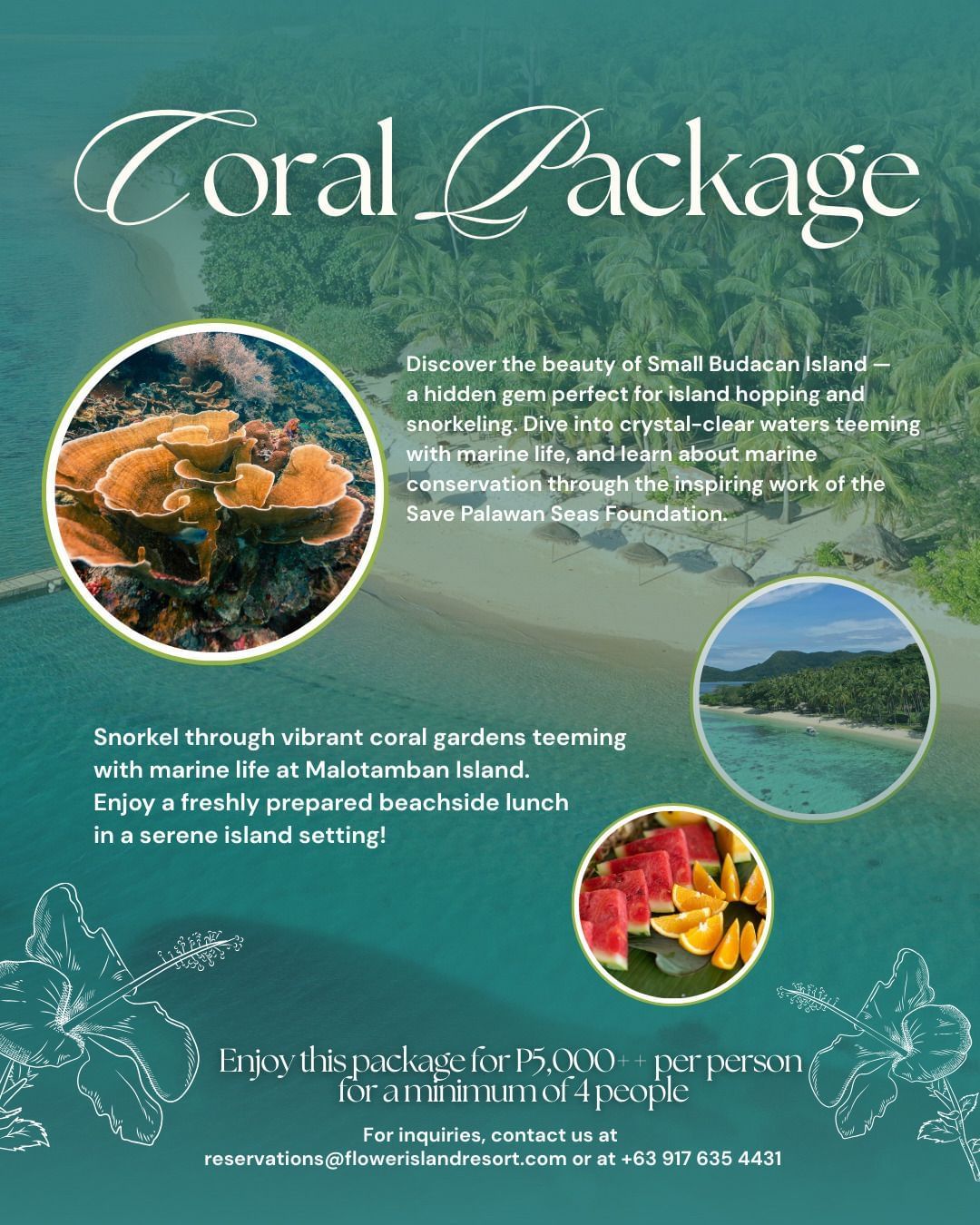 The Coral Package at Flower Island Resort, with images of a coral reef, a beach, and a plate of fresh fruit.