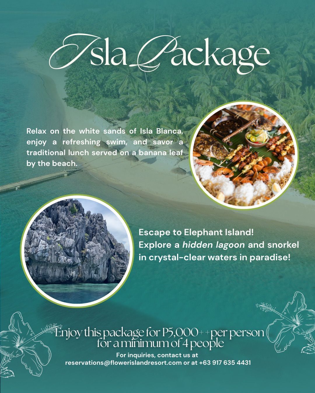 Image showing the Isla Package at Flower Island Resort, with pictures of a traditional lunch and a hidden lagoon.