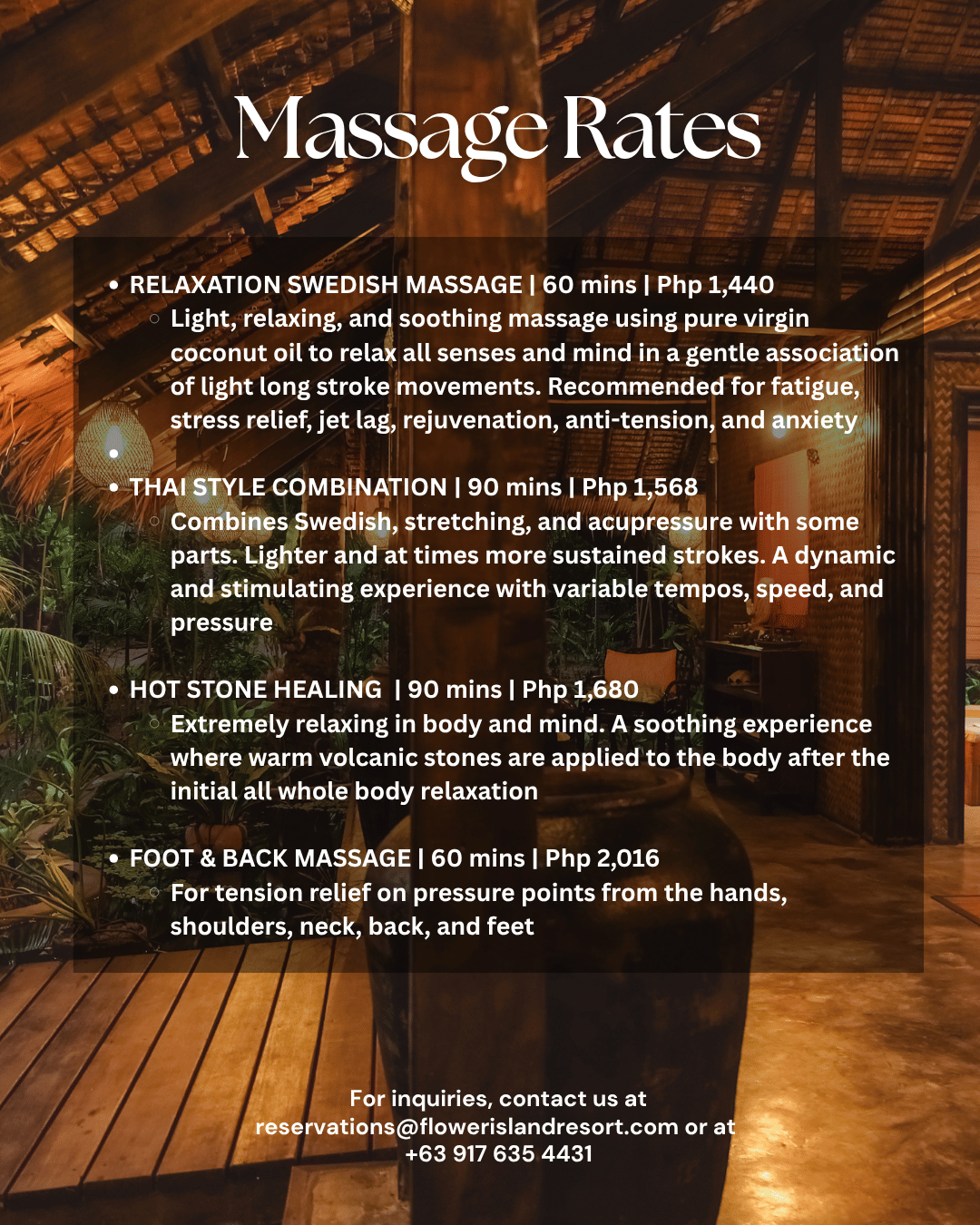 Massage rates menu displayed inside the spa at Flower Island Resort, detailing various massage treatments and prices