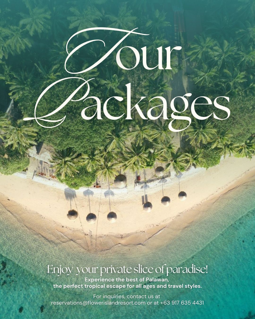 Aerial shot of a serene beach at Flower Island Resort, with palm trees and sunshades.