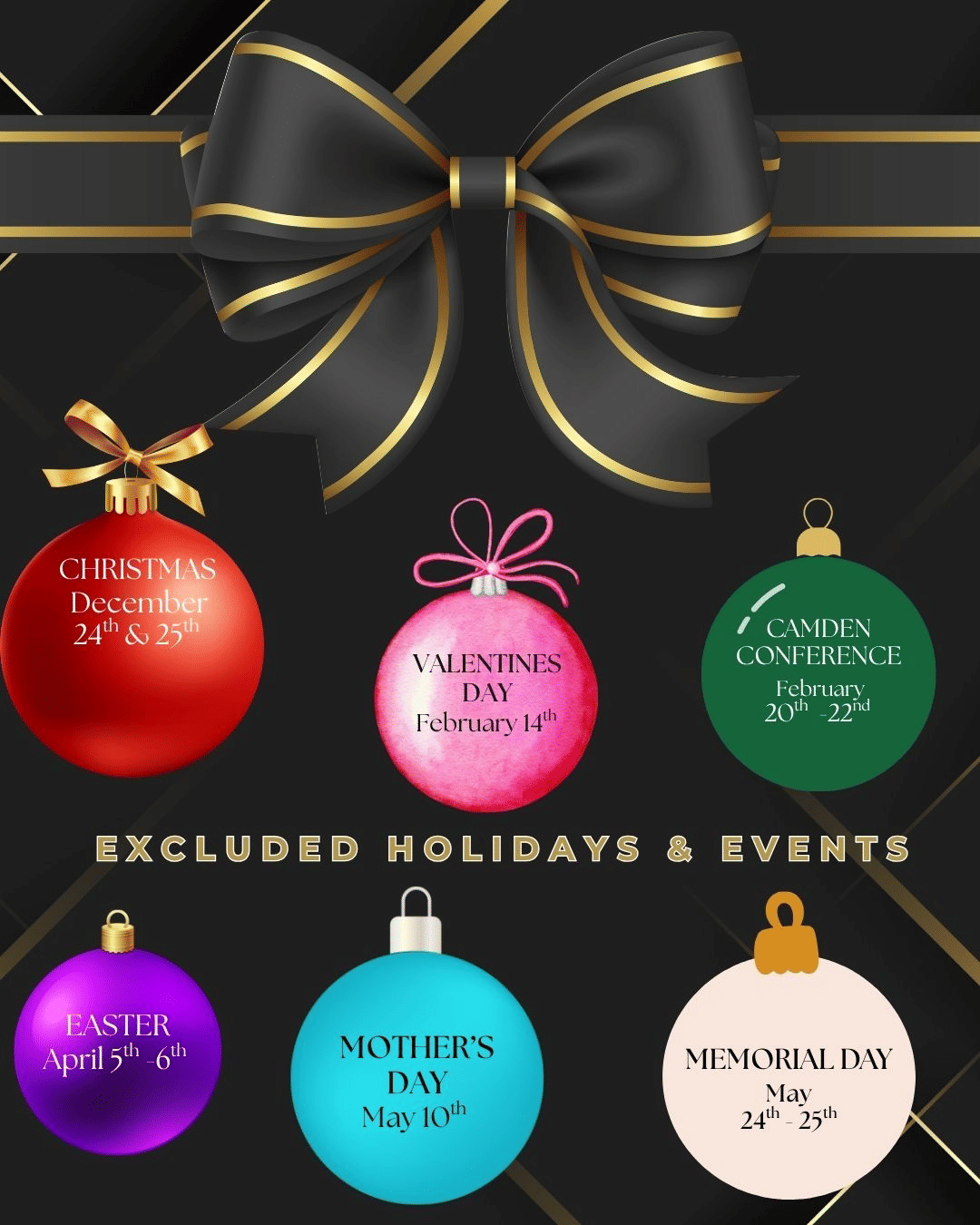 Black and gold graphic featuring a decorative bow and five colorful Christmas ornaments.