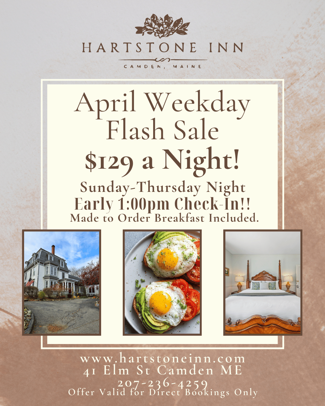 April Weekday Flash Sale promotional banner offering rooms at $129 a night from Sunday to Thursday with early dinner included at Harlstone Inn