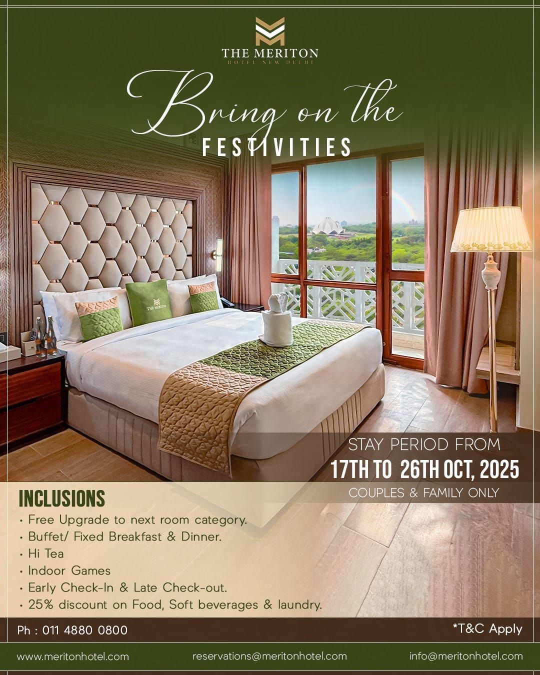 Festive Staycation promotional banner at The Meriton with exclusive offers.