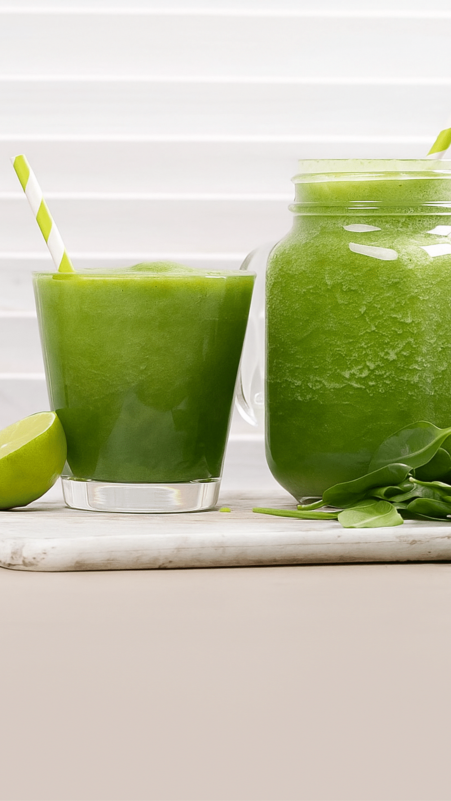 vibrant green smoothie in a glass with a striped straw and a green smoothie in a mason jar sit on a light-colored surface