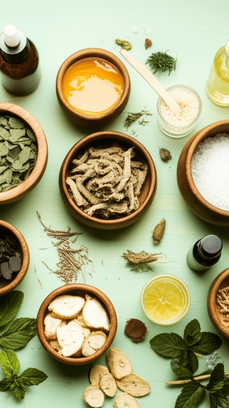 various Ayurvedic ingredients, including powders, liquids, herbs, and roots in small bowls, arranged on a surface