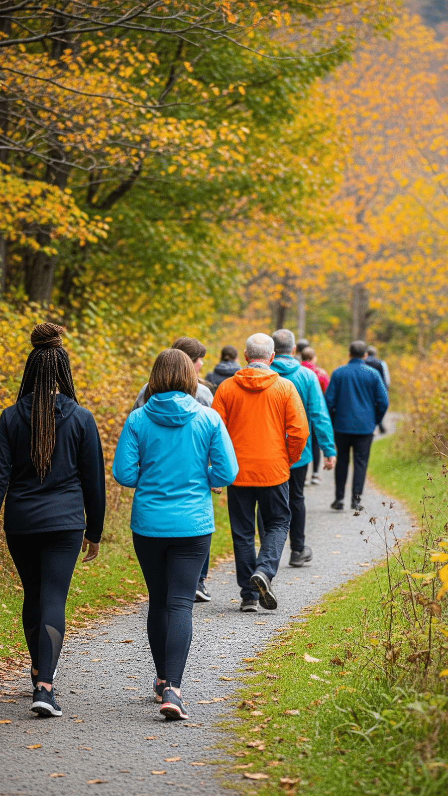 A group of people walk along a winding path in a park with vibrant yellow and autumn foliage