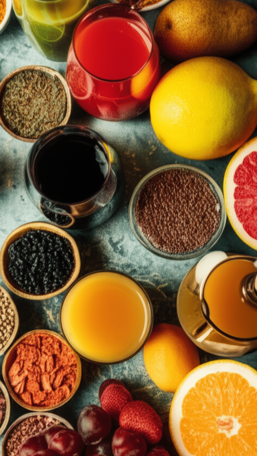 various juices, fruits, and dried ingredients, likely for wellness drinks, arranged on a light-colored textured surface
