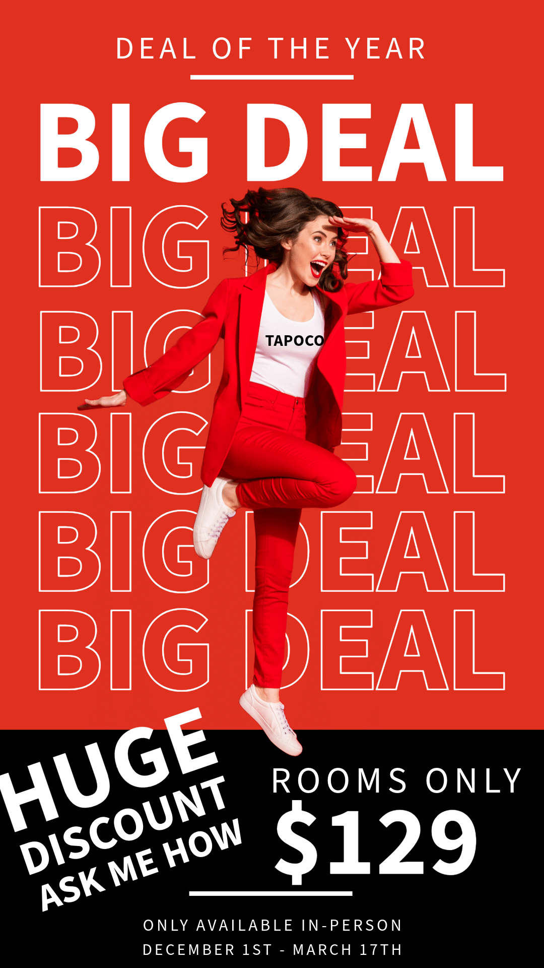 Deal of the year is here where a woman is getting excited about huge room discount up to 129 dollars at Historic Tapoco Lodge. It is only available from December 1st to March 17th.