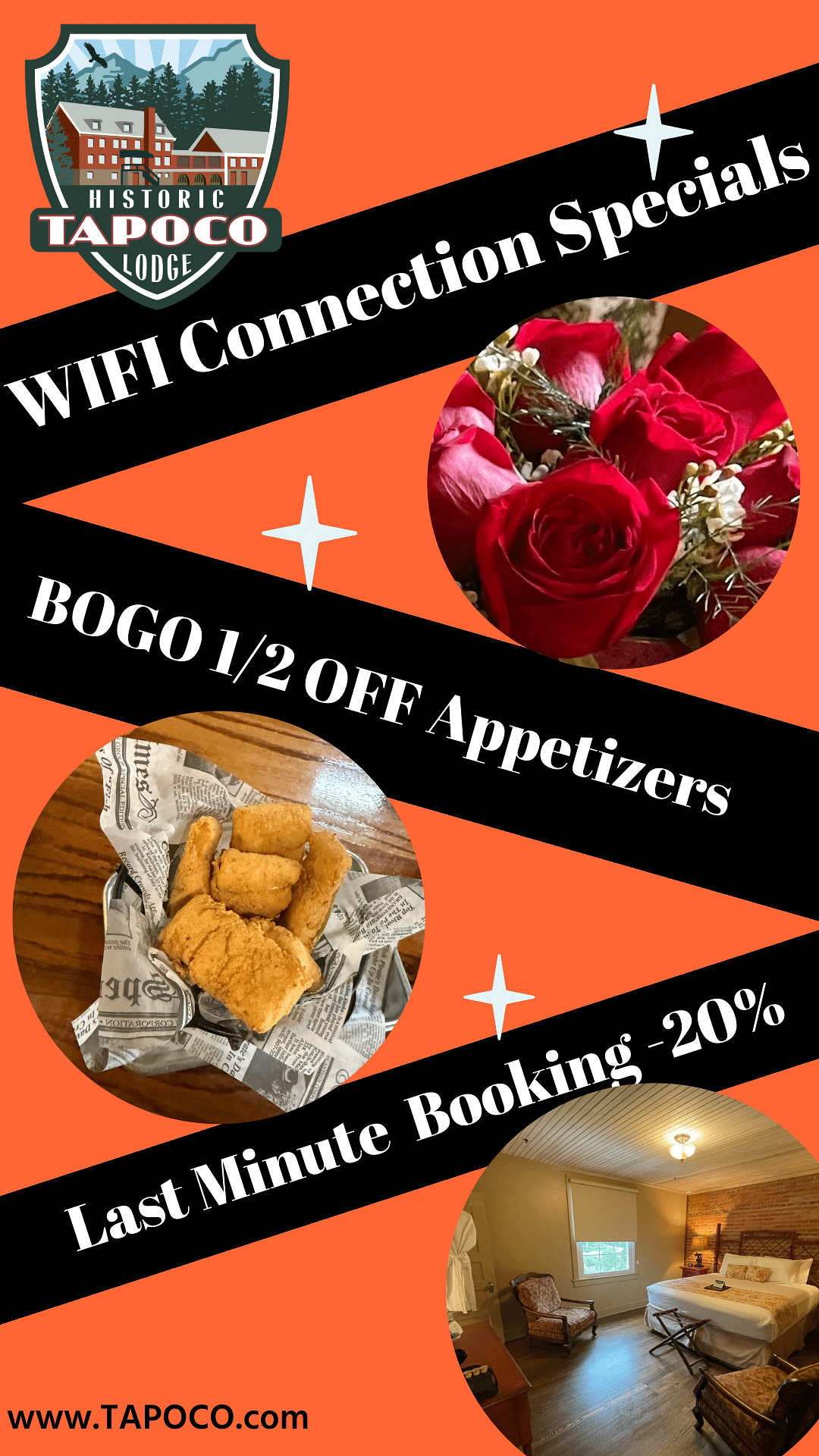 Promotional flyer for Historic Tapoco Lodge featuring WiFi connection specials, BOGO 1/2 off appetizers, and 20% off last-minute bookings with images of roses, fried appetizers, and a cozy lodge room.