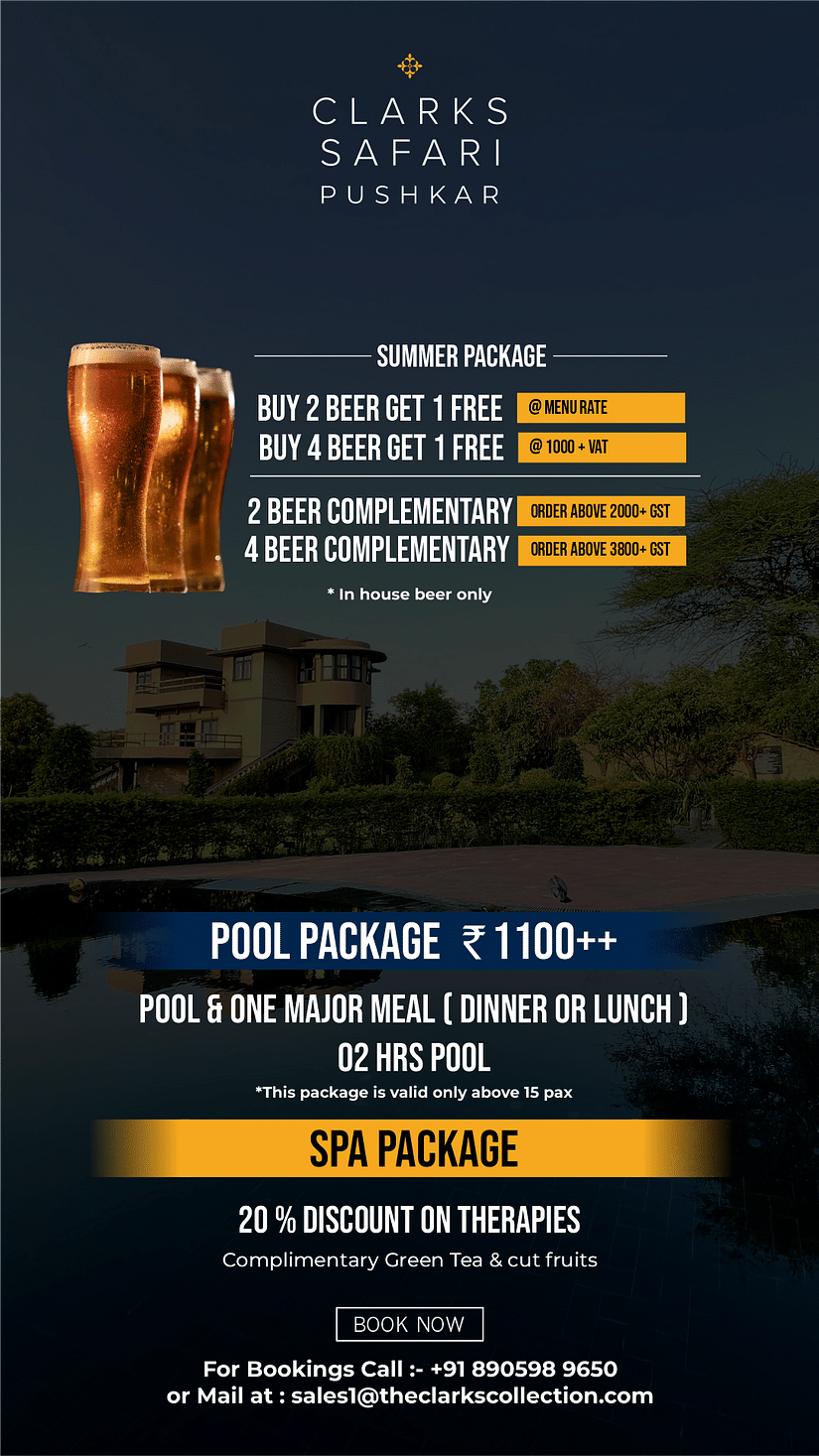 Clarks Safari Pushkar summer package poster featuring beer deals, pool access with meals, and spa discounts including green tea and fruit.