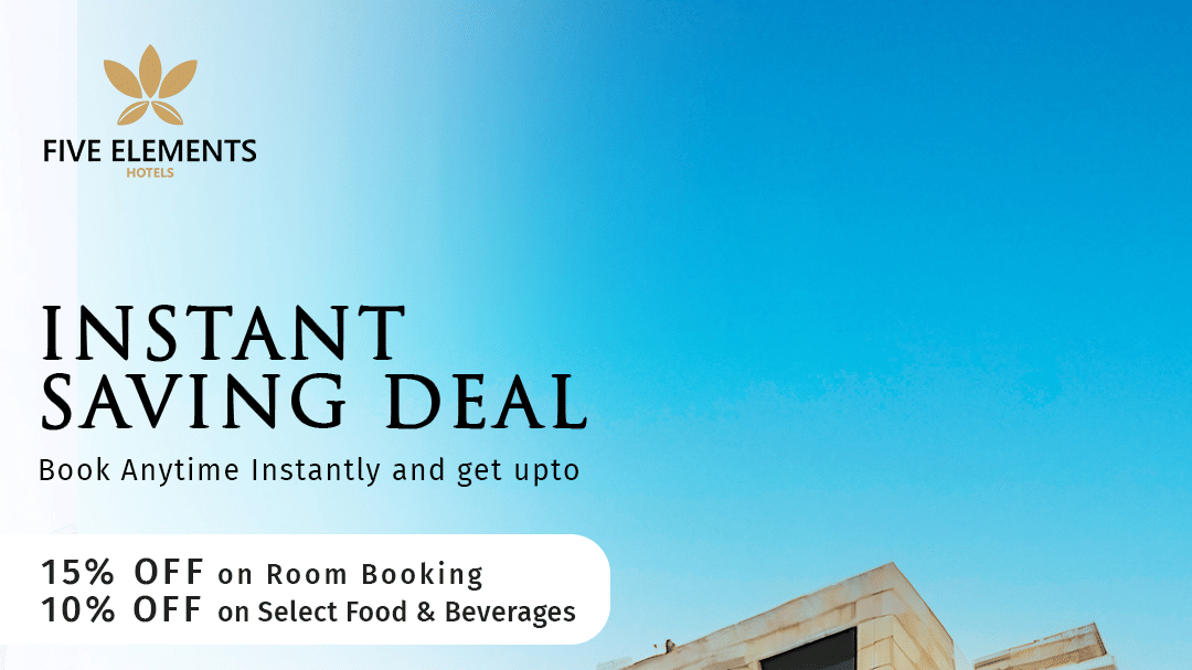 Instant Saving Deal at Five Elements Hotels showcasing modern hotel exterior with special discount details and inclusions for a comfortable stay