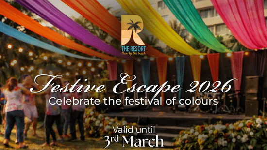 Festive Escape at The Resort with colourful drapes, Holi powders, and Indian snacks for the 3rd March celebration.