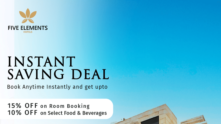 Instant Saving Deal at Five Elements Hotels showcasing modern hotel exterior with special discount details and inclusions for a comfortable stay