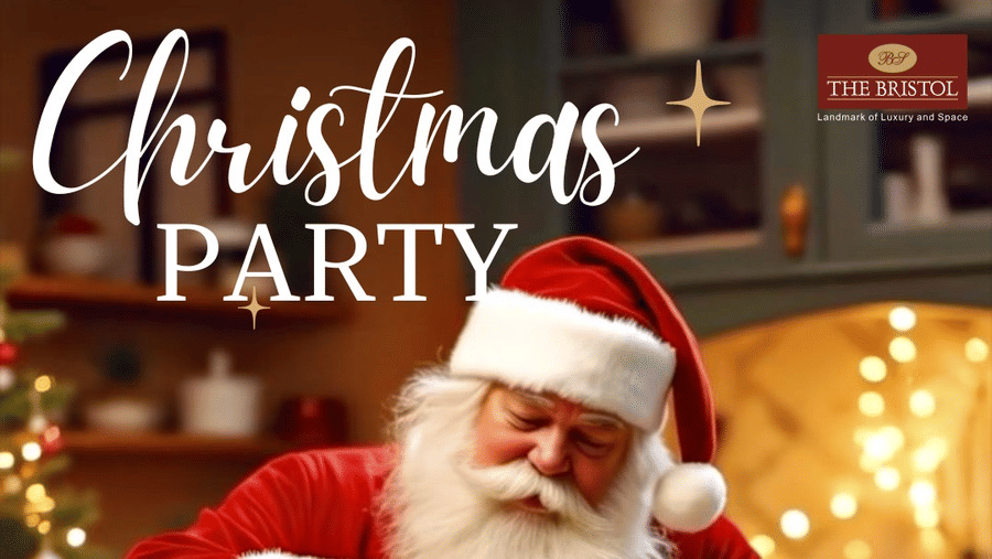 Christmas party at The Bristol, Gurgaon, featuring Santa decorating a cake with festive treats and a flat 20% off offer for the first 10 couples.