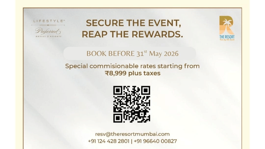 Promotional banner for The Resort Mumbai showcasing event venues, luxury rooms, dining spaces, and special commissionable event rates starting from Inr 8,999 plus taxes.
