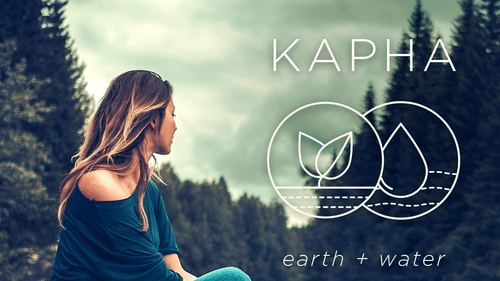 A woman sits on a rock by a river, looking away as the text says Kapha with the icons of earth and water at YO1 Longevity & Health Resorts
