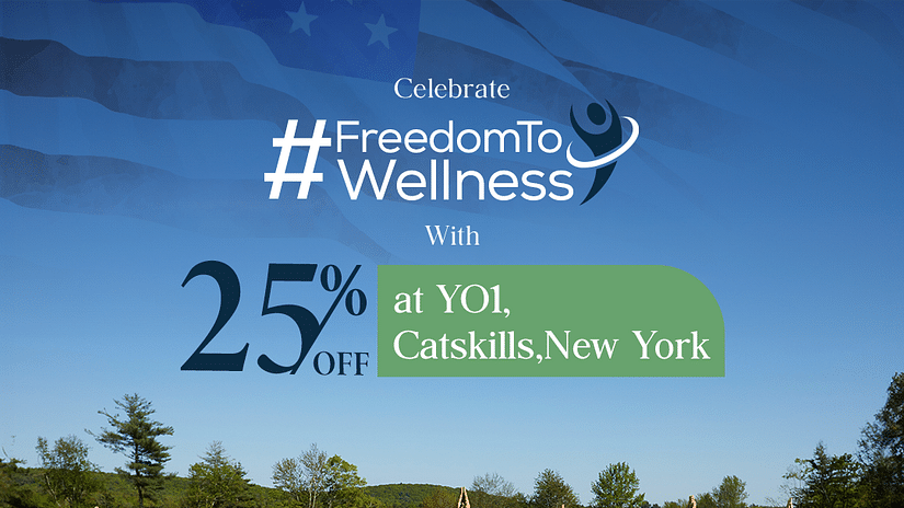 Promotional banner for wellness programs at YO1, Catskills, New York, offering a 25% discount, featuring a group yoga session with a serene outdoor backdrop.