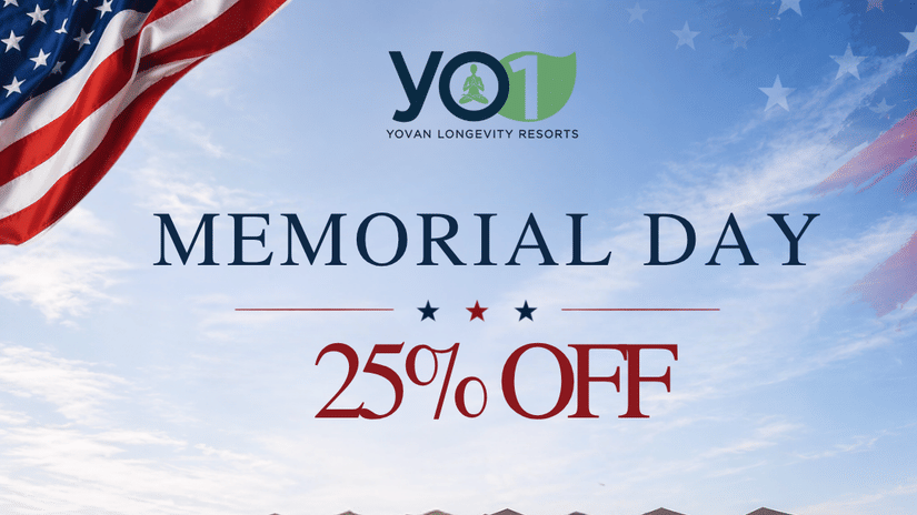Promotional Memorial Day offer banner by YOI featuring a hotel exterior with a 25% OFF discount, along with contact details, website information and book now button