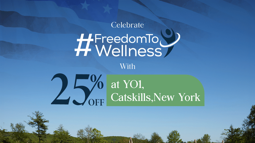 Promotional banner for wellness programs at YO1, Catskills, New York, offering a 25% discount, featuring a group yoga session with a serene outdoor backdrop.