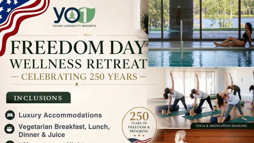 Freedom Day Wellness Retreat at YO1 Longevity Resorts featuring luxury accommodations, yoga and meditation sessions, spa treatments, indoor pool, sauna, vegetarian meals, and wellness amenities in Monticello New York