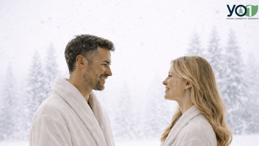 A couple wearing plush white robes stand together on a balcony at YO1 Longevity & Health Resorts, Catskills, overlooking a tranquil winter landscape that symbolises relaxation, reconnection and the peaceful luxury of a shared wellness retreat experience.