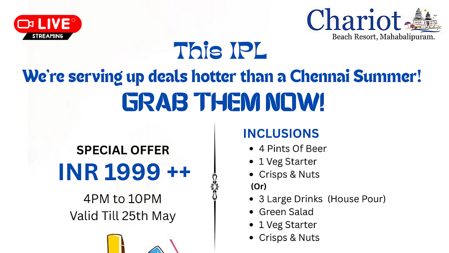 Promotional poster from Chariot Beach Resort, Mahabalipuram, advertising a special IPL-themed offer. 