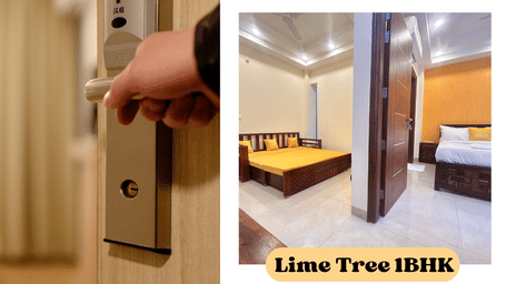 Promotional graphic advertising Lime Tree 1BHK as a staycation destination featuring a door handle and room interior.