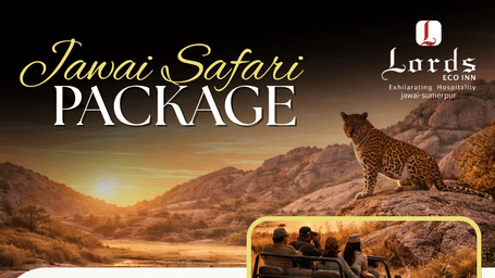 Promotional banner for Jawai Safari Package featuring a leopard, jeep safari, hotel room, inclusions, and starting price of ?12,000.