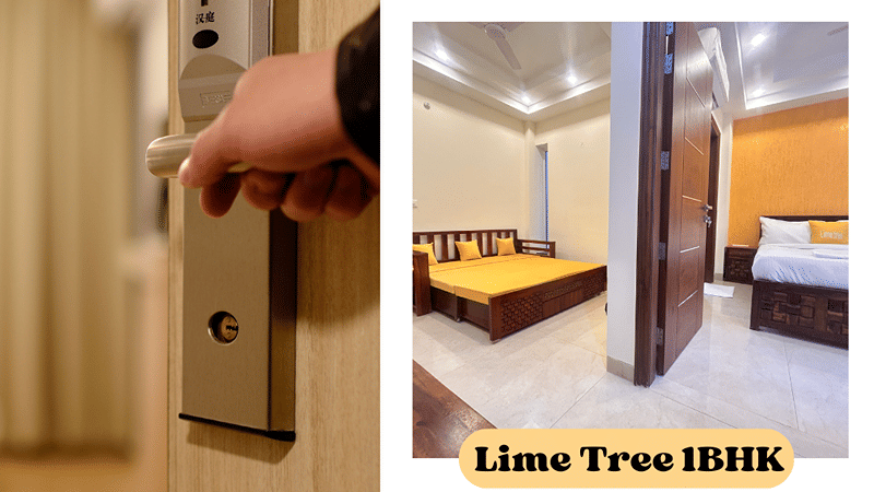 Promotional graphic advertising Lime Tree 1BHK as a staycation destination featuring a door handle and room interior.