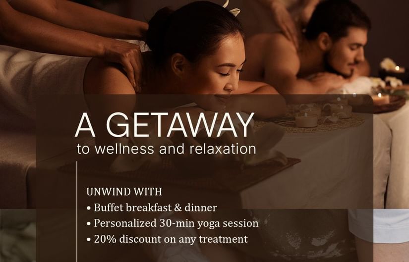 A banner showing spa treatments with text overlay promoting a wellness getaway offer including buffet meals, spa and yoga sessions, valid till 30th September.