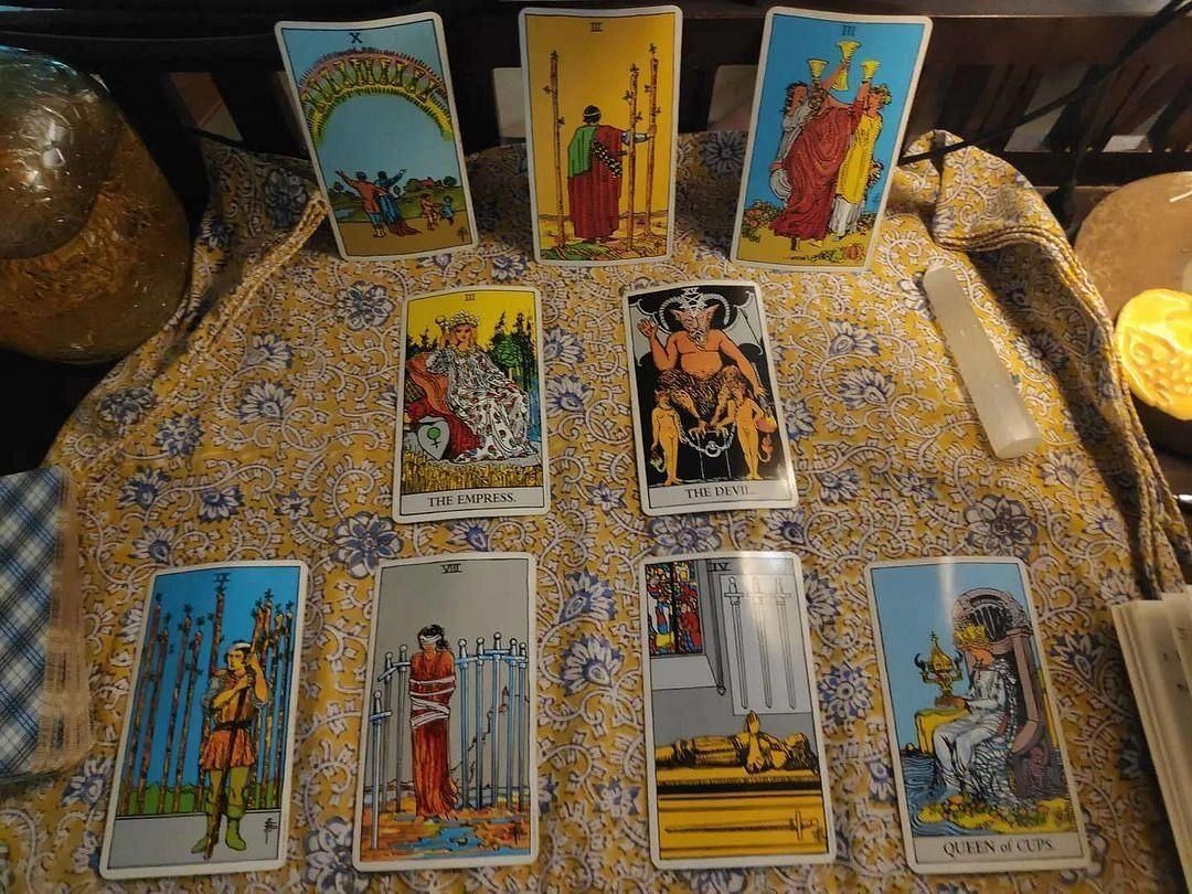 An image of a table where several tarot cards are placed 