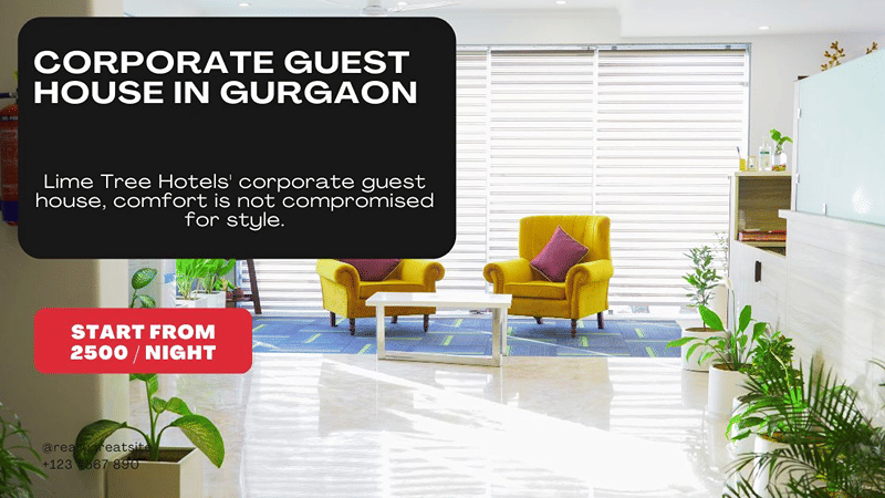 Promotional graphic advertising a corporate guest house in Gurgaon featuring a seating area with yellow chairs.