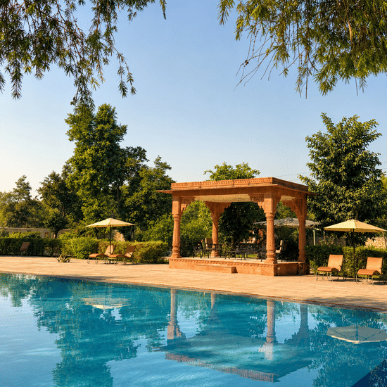 Sandstone Pavilion Reflections by the Pool at Umaid Palace Dausa-Resort near jaipur