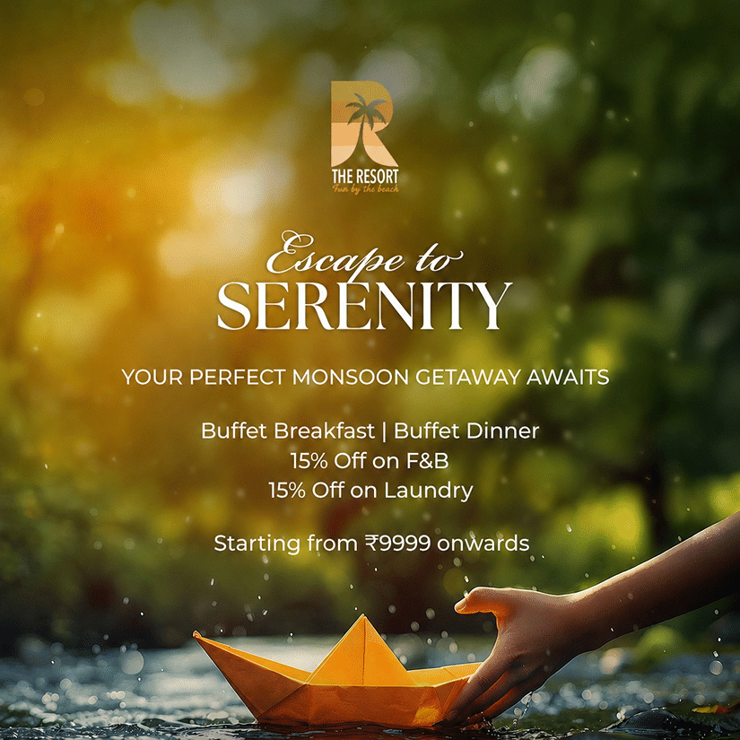 Monsoon package offer banner featuring a relaxing beachside stay with buffet meals, dining discounts, and laundry benefits starting at INR 9,999 onwards.