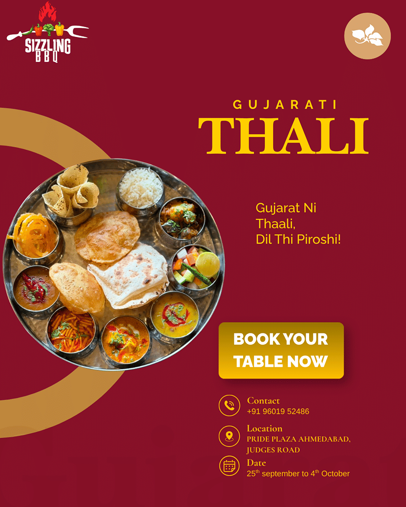 A poster with a thali placed with versatile dishes next to the contact and location details. | Pride Plaza Ahmedabad