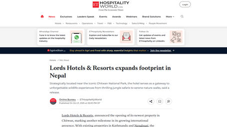A PR post by Economic Times showcasing Lords Hotels & Resorts expansion to Nepal.